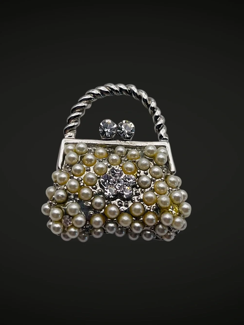 Dazzling Vintage Pearl and Rhinestone Purse Brooch Dainty Petite Estate Pc